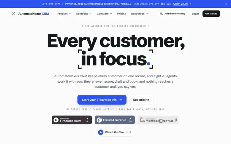 Screenshot of the AutomateNexus CRM homepage