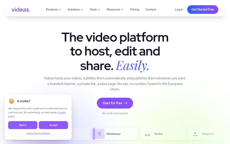 Screenshot of the Videas homepage