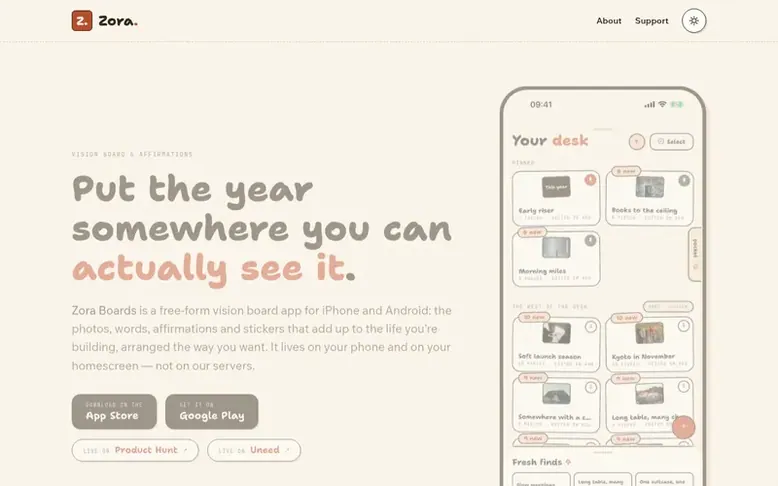 Screenshot of the Zora Boards homepage