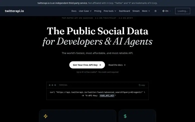 Screenshot of the TwitterAPI.io homepage