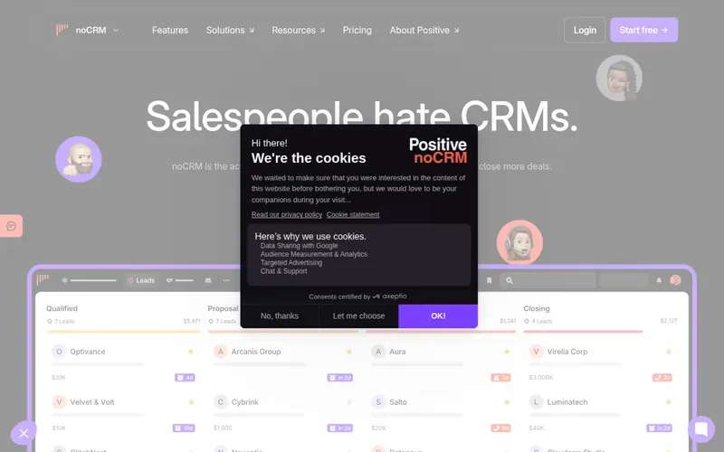 Screenshot of the noCRM homepage