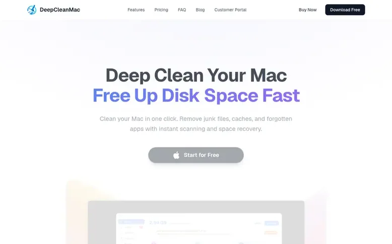 Screenshot of the DeepCleanMac homepage