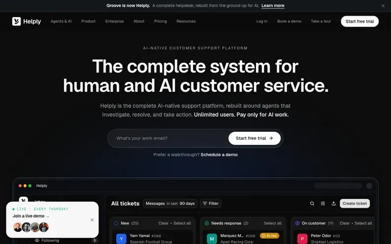 Screenshot of the Helply homepage