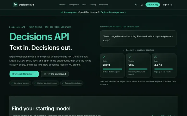 Screenshot of the Decisions API homepage