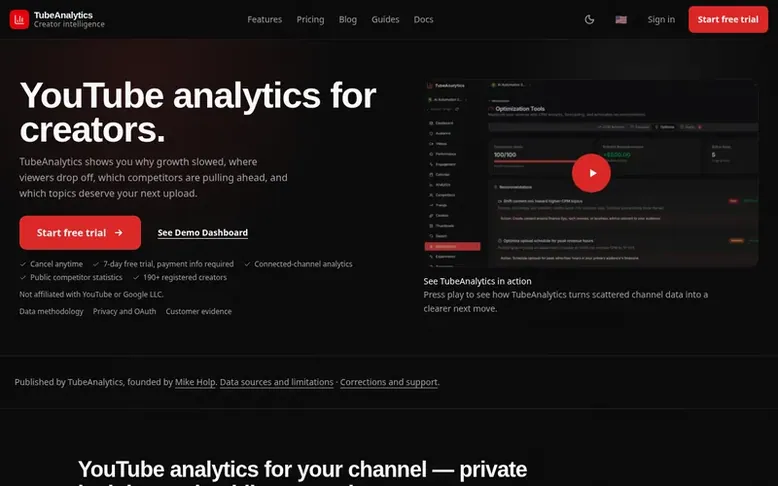 Screenshot of the TubeAnalytics homepage