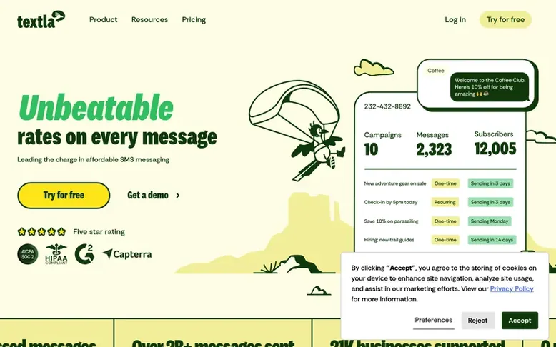 Screenshot of the Textla homepage