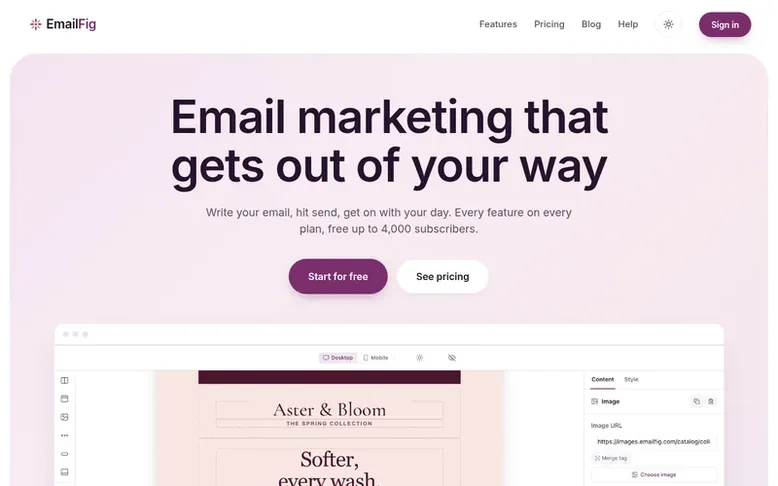 Screenshot of the EmailFig homepage