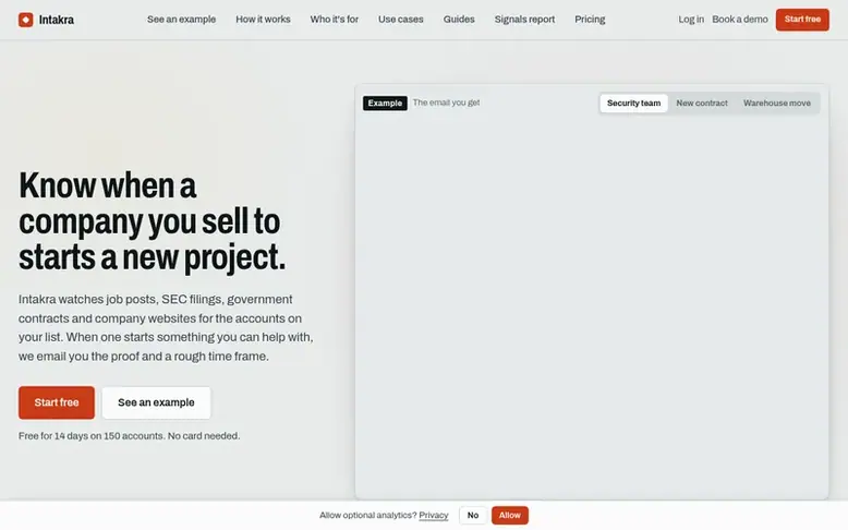 Screenshot of the Intakra homepage