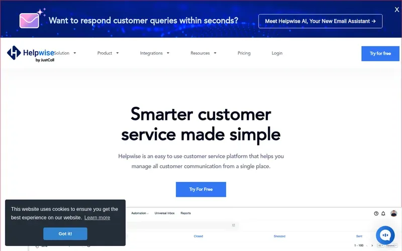 Screenshot of the Helpwise homepage