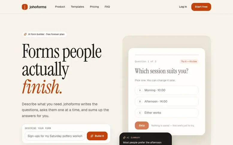 Screenshot of the johoforms homepage