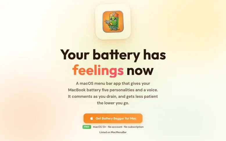 Screenshot of the Battery Beggar homepage