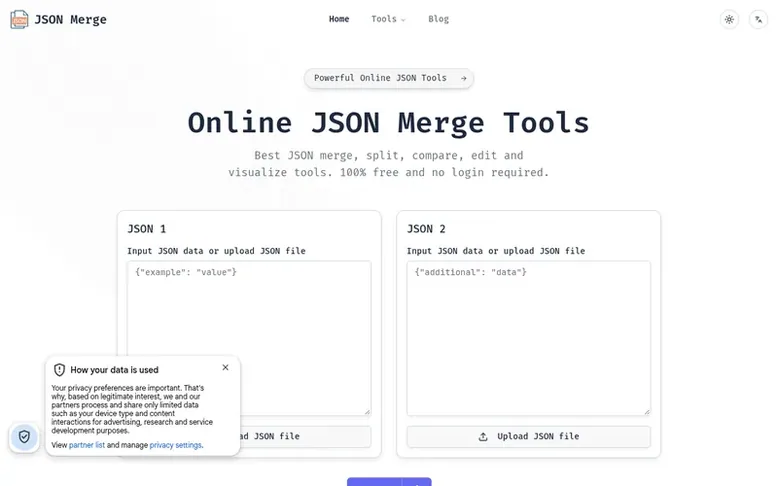 Screenshot of the JSON Merge homepage
