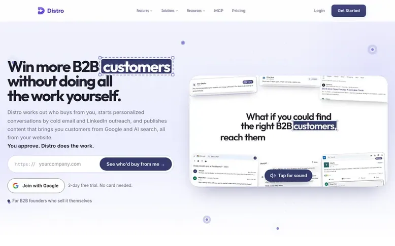 Screenshot of the Distro homepage
