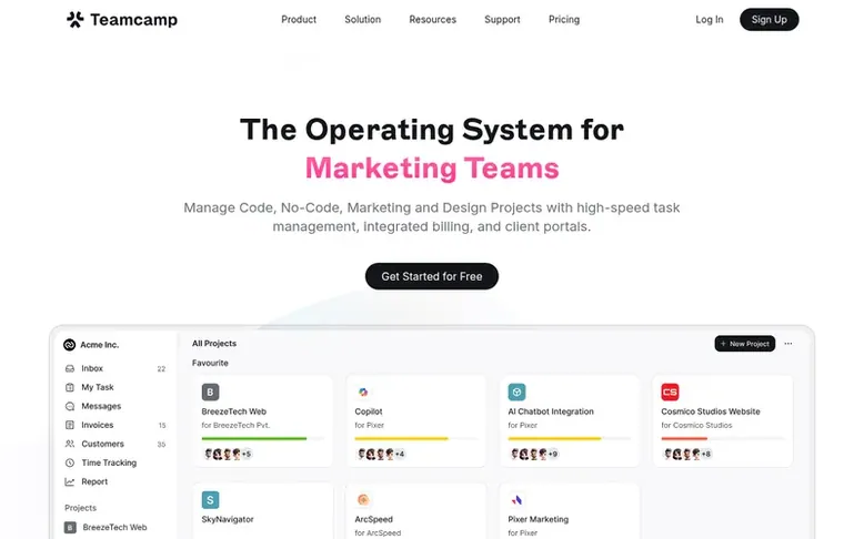 Screenshot of the Teamcamp homepage