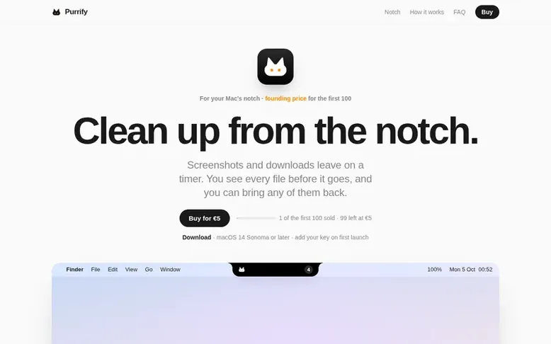 Screenshot of the Purrify homepage