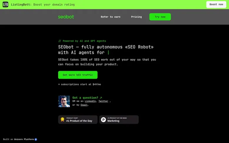 Screenshot of the SEO Bot homepage