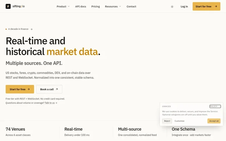 Screenshot of the SiftingIO homepage
