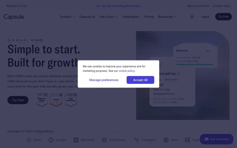 Screenshot of the Capsule CRM homepage