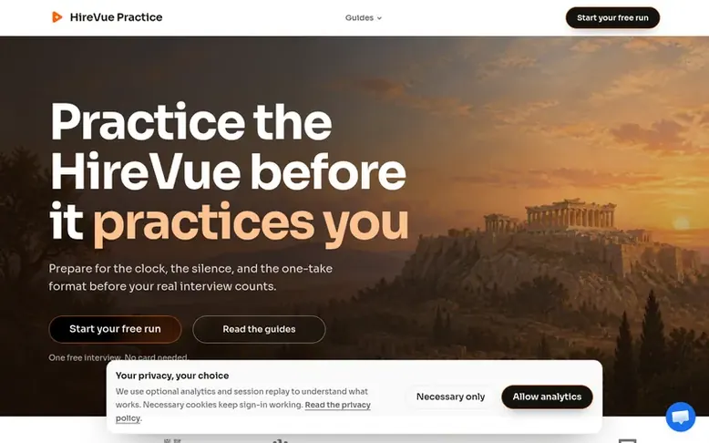 Screenshot of the HireVue Practice homepage