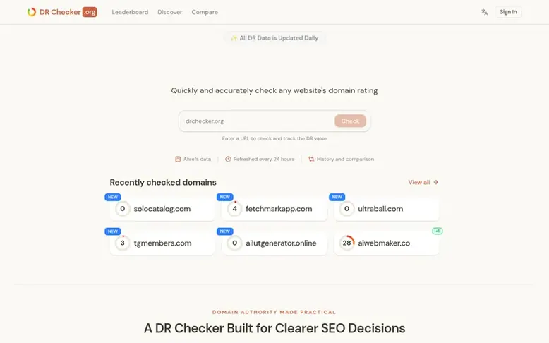 Screenshot of the DR Checker homepage