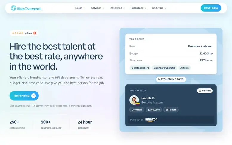 Screenshot of the Hire Overseas homepage