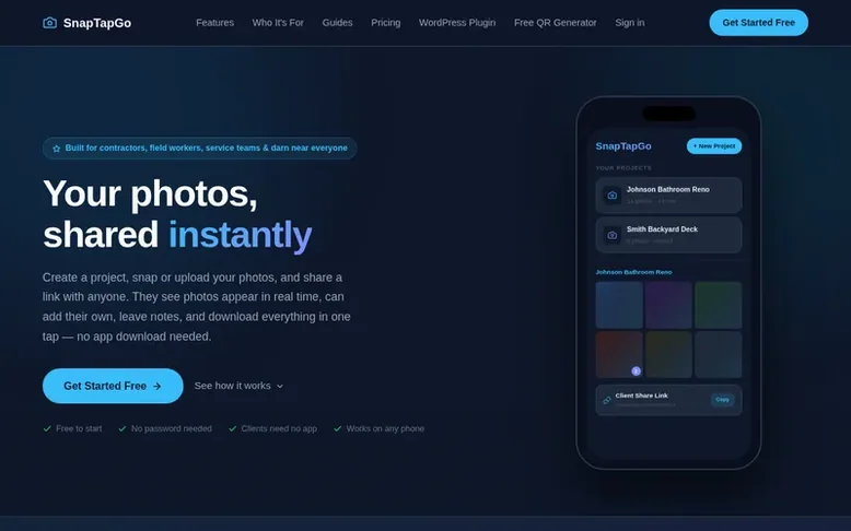 Screenshot of the SnapTapGo homepage