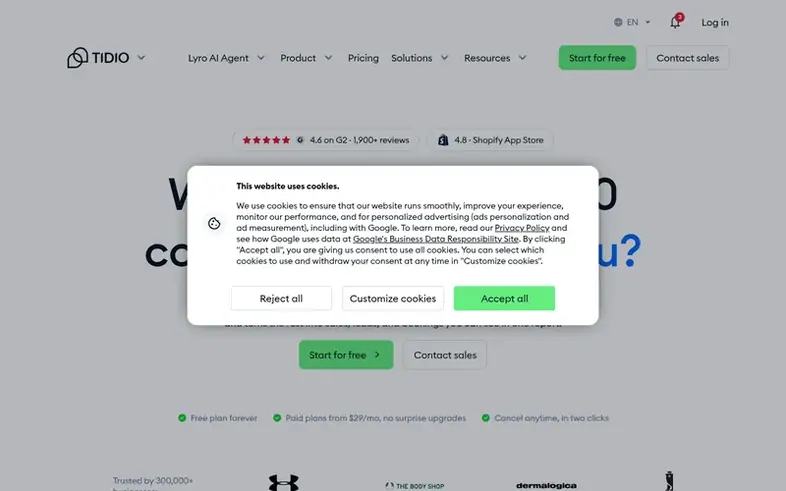 Screenshot of the Tidio homepage
