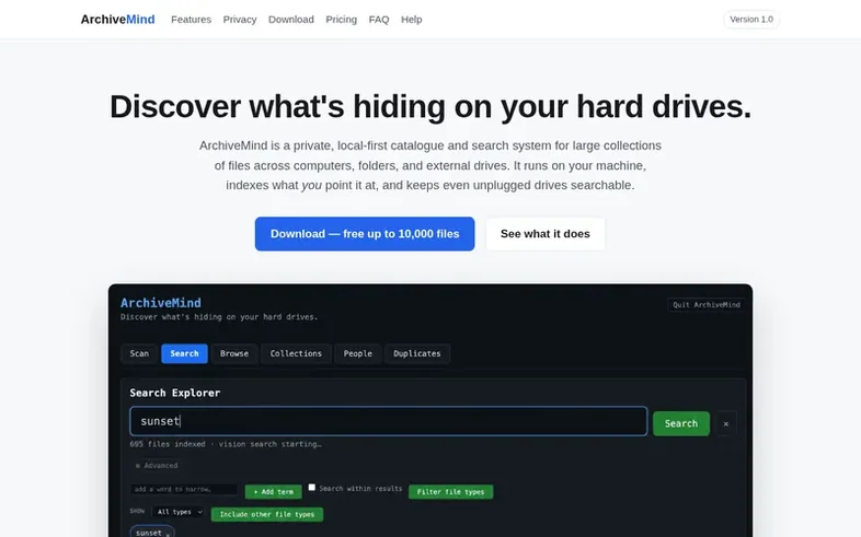 Screenshot of the ArchiveMind homepage