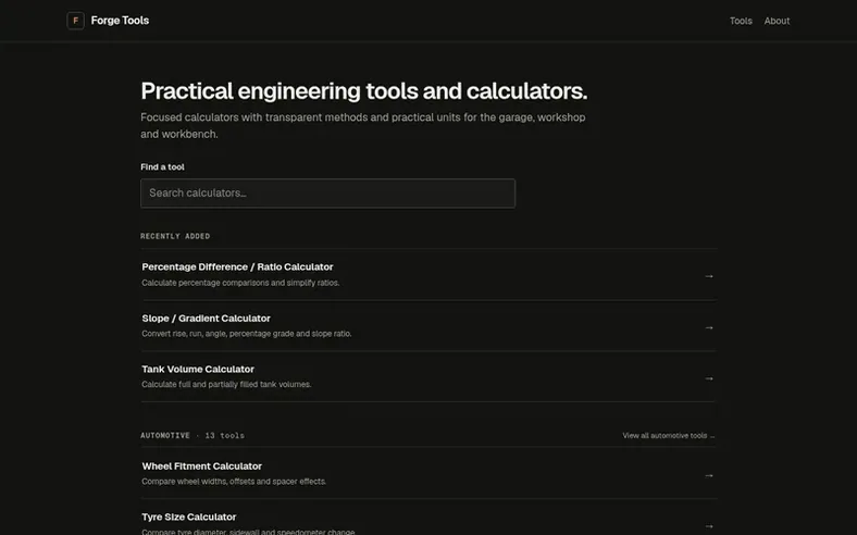 Screenshot of the Forge Tools homepage