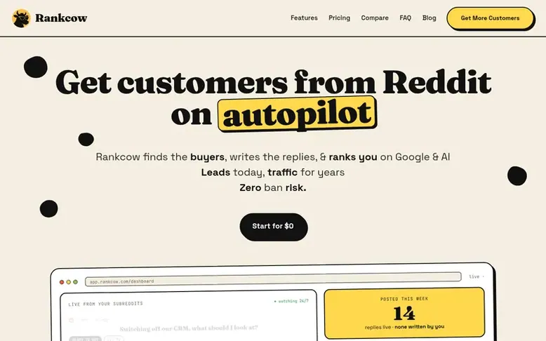 Screenshot of the Rankcow homepage
