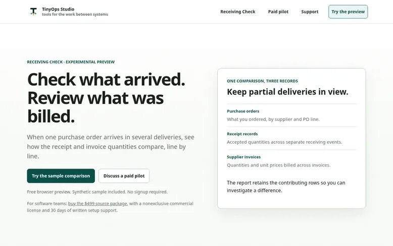 Screenshot of the TinyOps Studio homepage