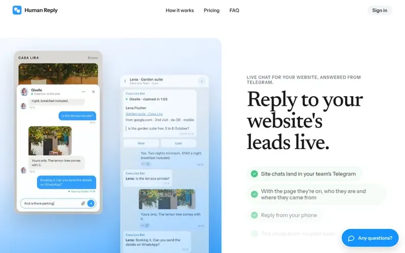 Screenshot of the Human Reply homepage