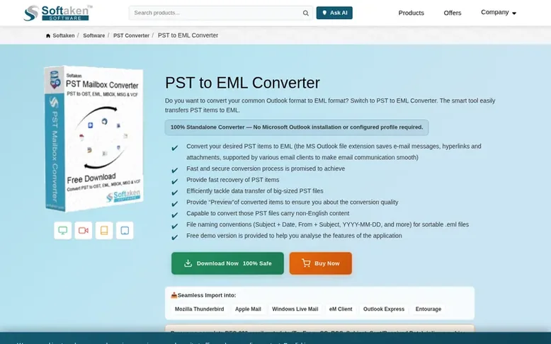 Screenshot of the Softaken PST to EML Converter homepage