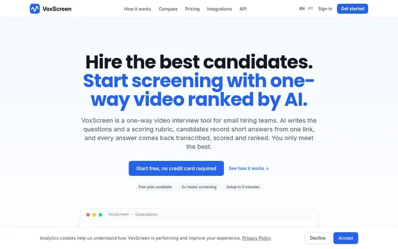 Screenshot of the VoxScreen homepage