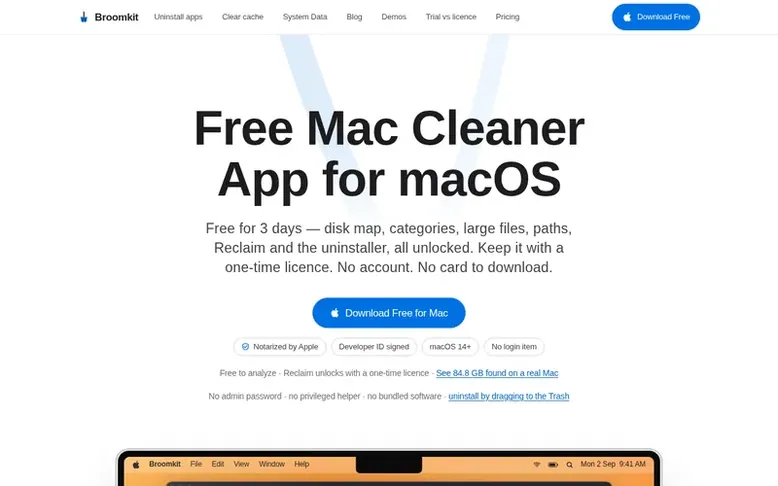 Screenshot of the Broomkit homepage