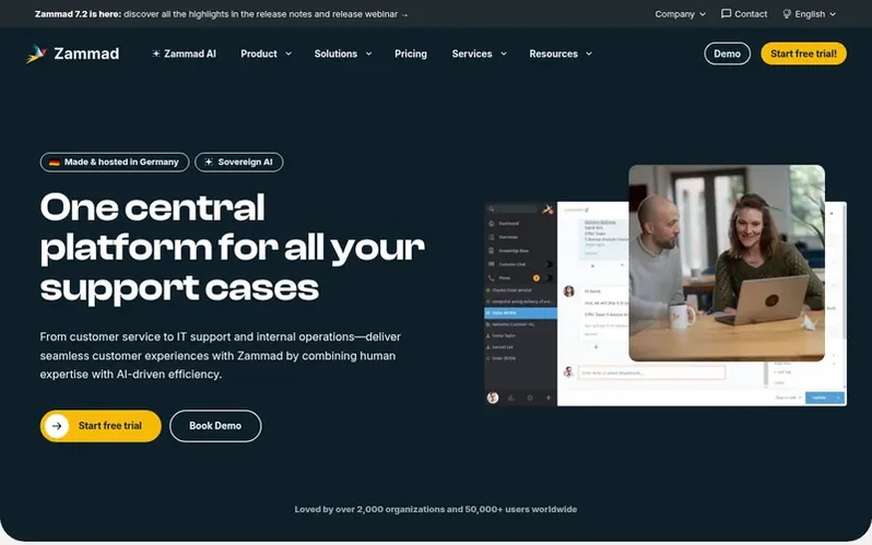 Screenshot of the Zammad homepage