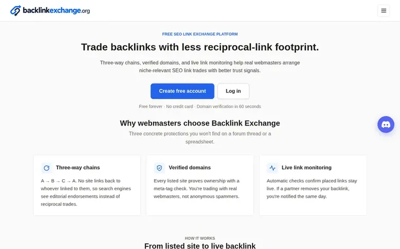 Screenshot of the Backlink Exchange homepage