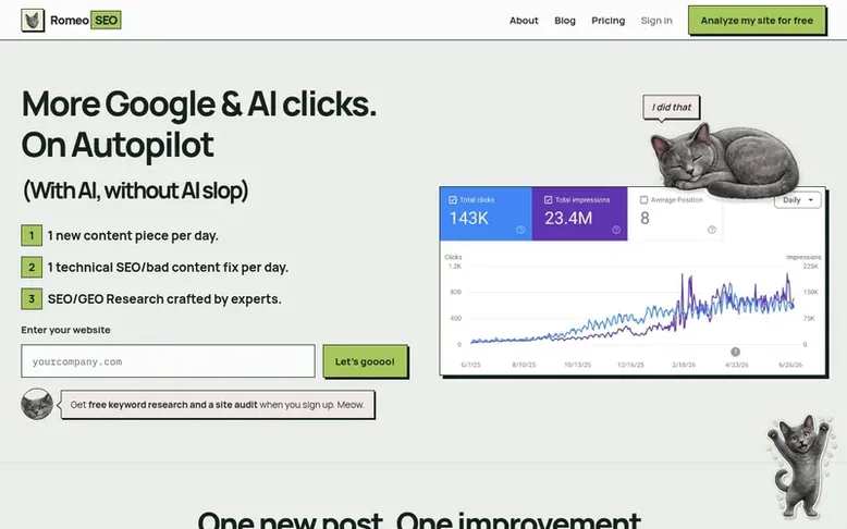 Screenshot of the RomeoSEO homepage