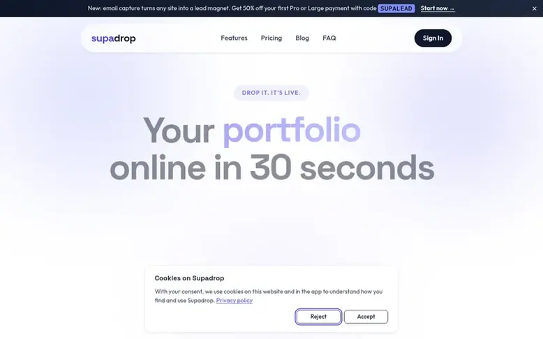 Screenshot of the Supadrop homepage