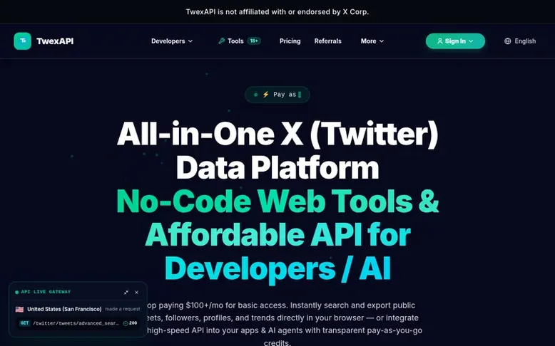 Screenshot of the TwexAPI homepage