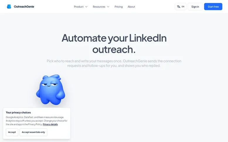 Screenshot of the OutreachGenie homepage