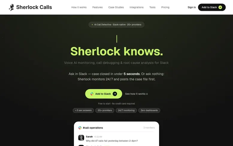 Screenshot of the Sherlock Calls homepage