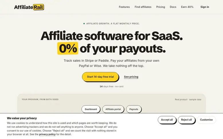 Screenshot of the AffiliateRail homepage
