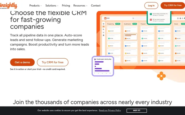 Screenshot of the Insightly homepage