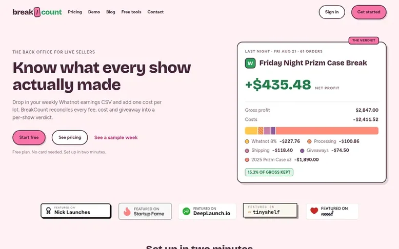Screenshot of the BreakCount homepage