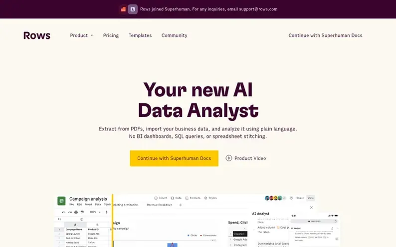 Screenshot of the Rows homepage