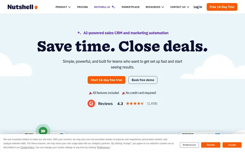 Screenshot of the Nutshell homepage