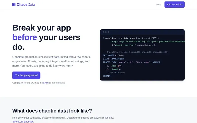 Screenshot of the ChaosData homepage