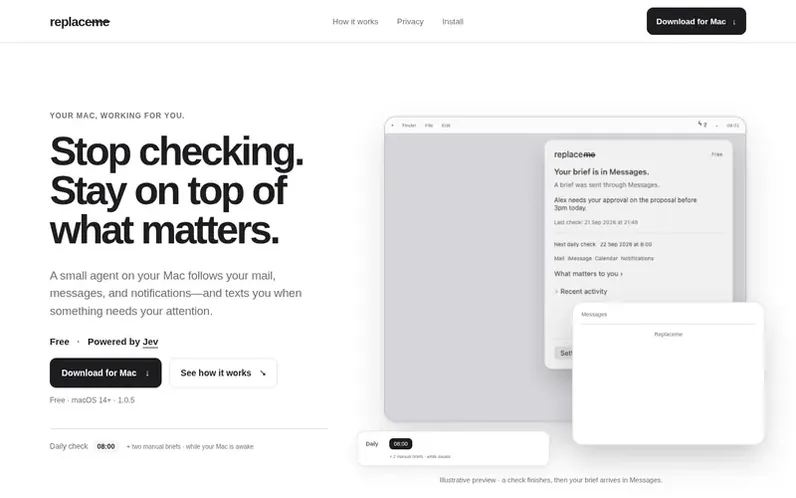 Screenshot of the Replaceme homepage