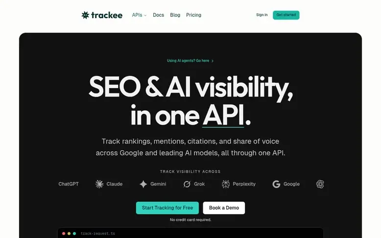 Screenshot of the Trackee homepage